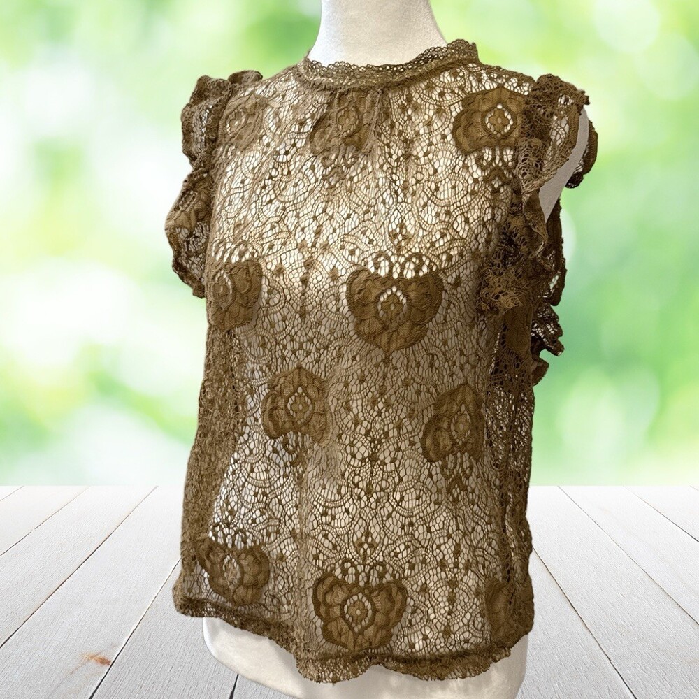 ADIVA Lace Top Sheer Floral Flutter Sleeve High Neck Fairy Festival Brown Size S